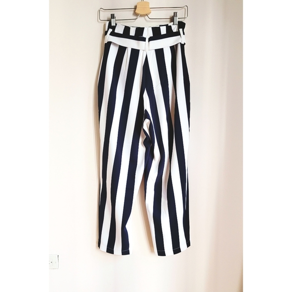 H&m black and white striped belted pants trousers - Picture 3 of 4